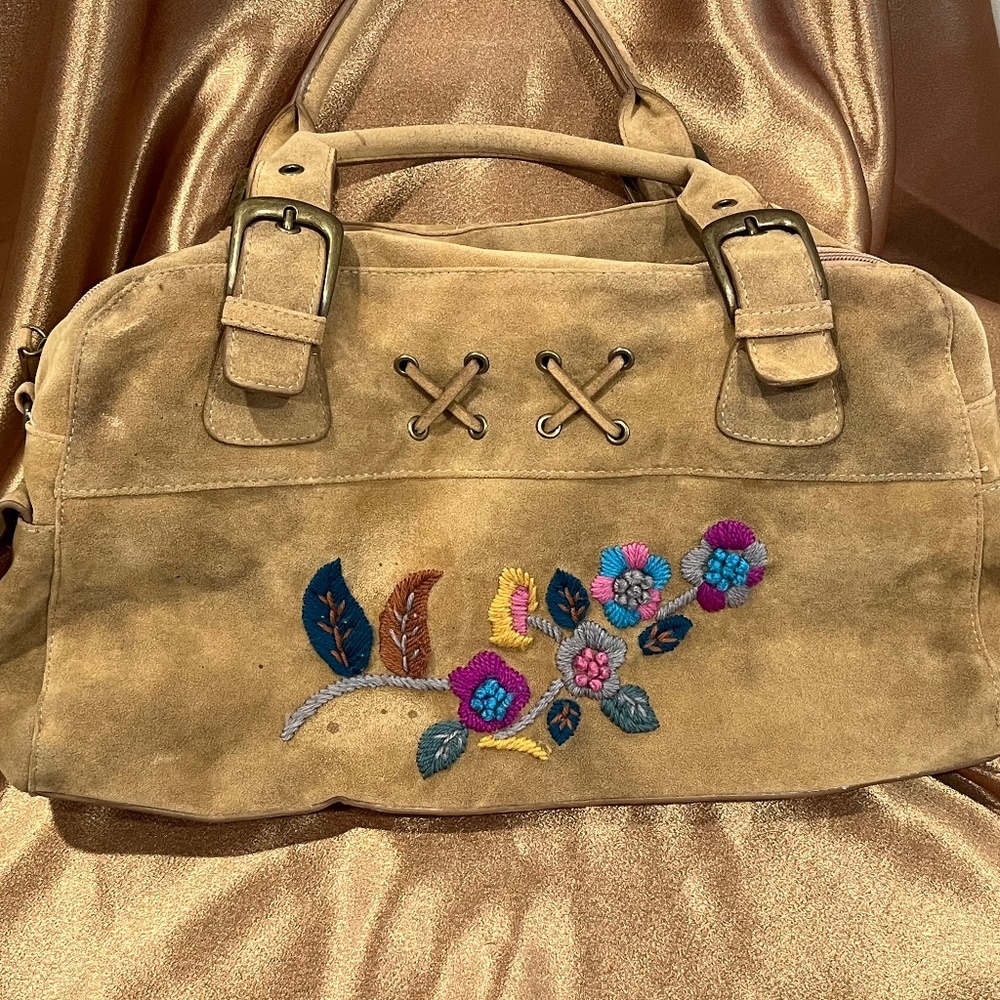 Light Brown Embroidered Faux Suede Hobo Handbag